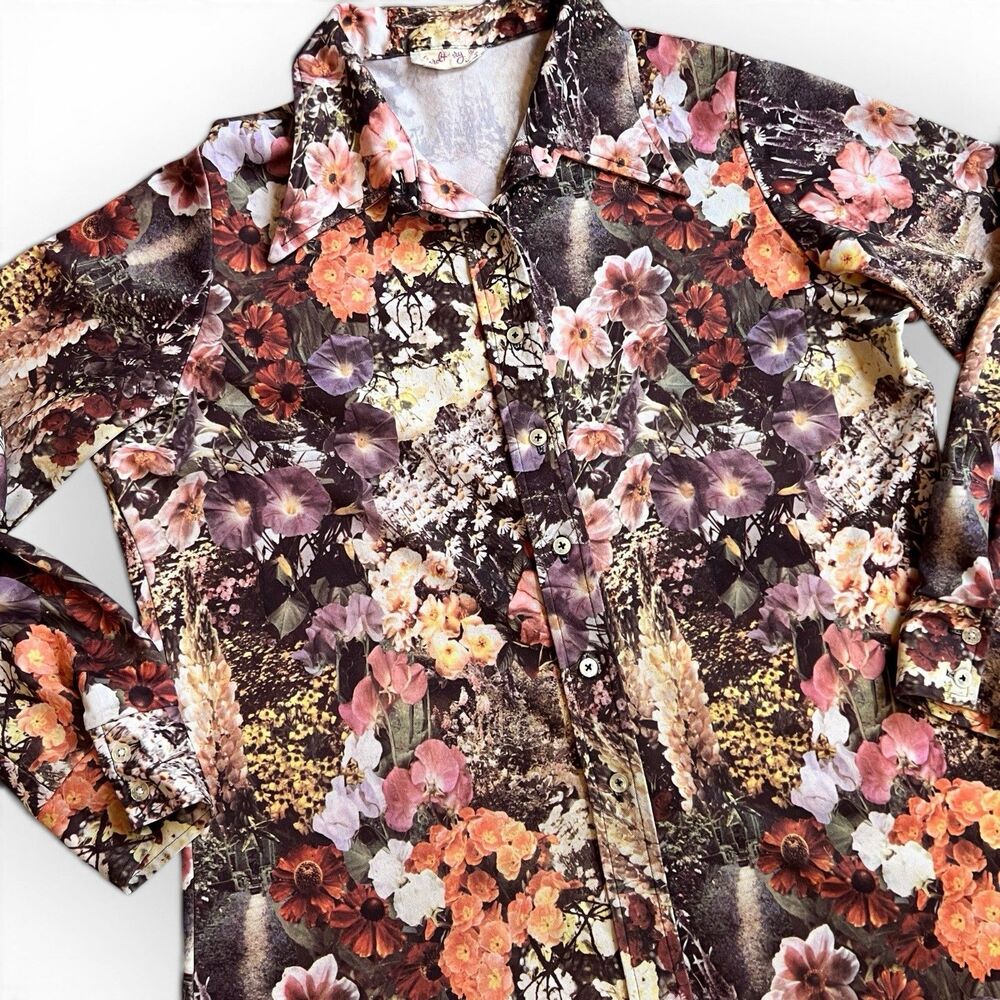 Vintage Floral Photo Print Blouse Shirt Large Button Up Top Autumn Boho 70s - Picture 13 of 13